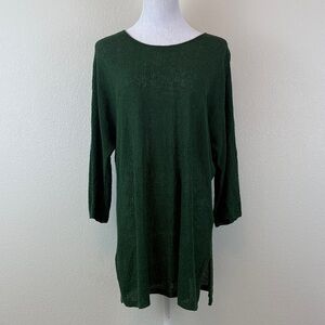 Eileen Fisher Elegant Forest Green Knit 100% Organic Linen Sheer Tunic Size M